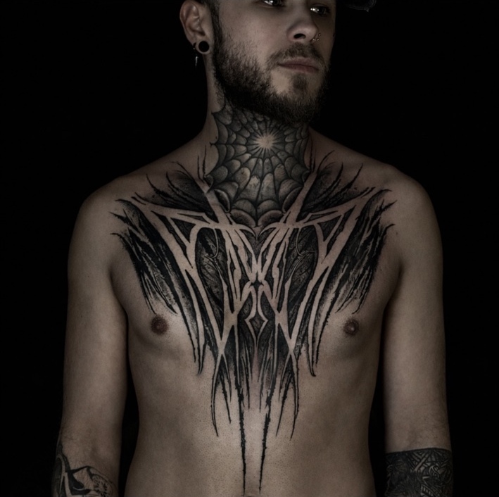 Dark Blackwork chest and neck tattoo by Digo